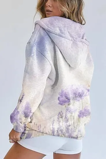 Women's Full Zip Up Hoodie Y2K Oversized Long Sleeve Cute Hooded Sweatshirts with Pocket Floral Jacket Coat for Women