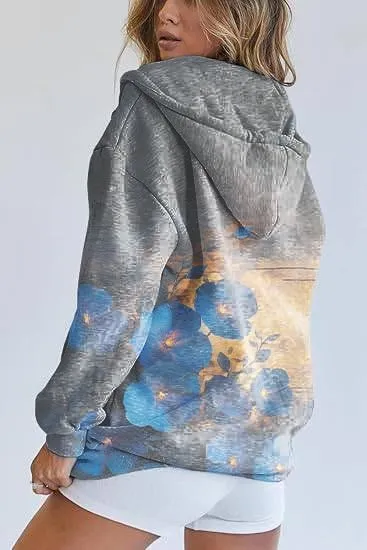 Women's Full Zip Up Hoodie Y2K Oversized Long Sleeve Cute Hooded Sweatshirts with Pocket Floral Jacket Coat for Women