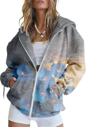 Women's Full Zip Up Hoodie Y2K Oversized Long Sleeve Cute Hooded Sweatshirts with Pocket Floral Jacket Coat for Women