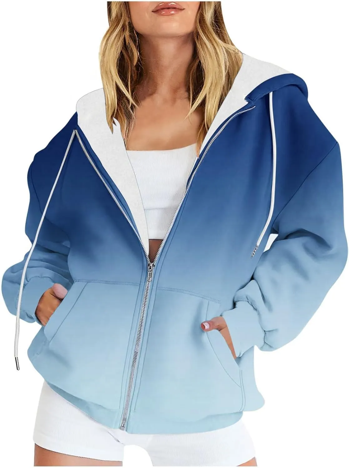 Womens Full Zip Up Sweatshirts Tid Dye Print Hoodies Long Sleeve Casual Jackets Winter Outfits 2024 With Pockets