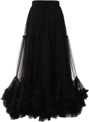Women's High Elastic Waist Ruffles A-Line Skirts Solid Midi Half-Body Skirt