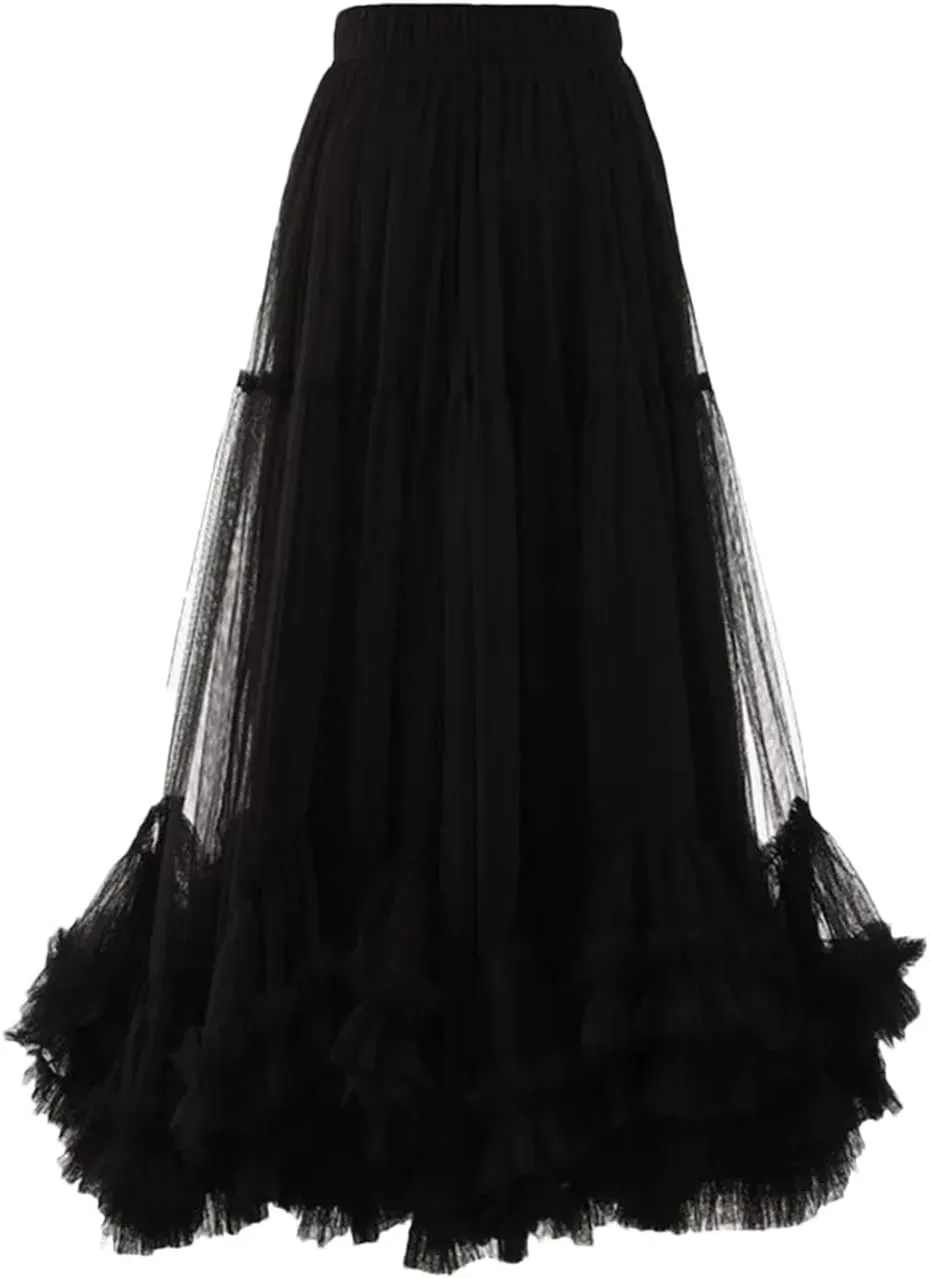 Women's High Elastic Waist Ruffles A-Line Skirts Solid Midi Half-Body Skirt