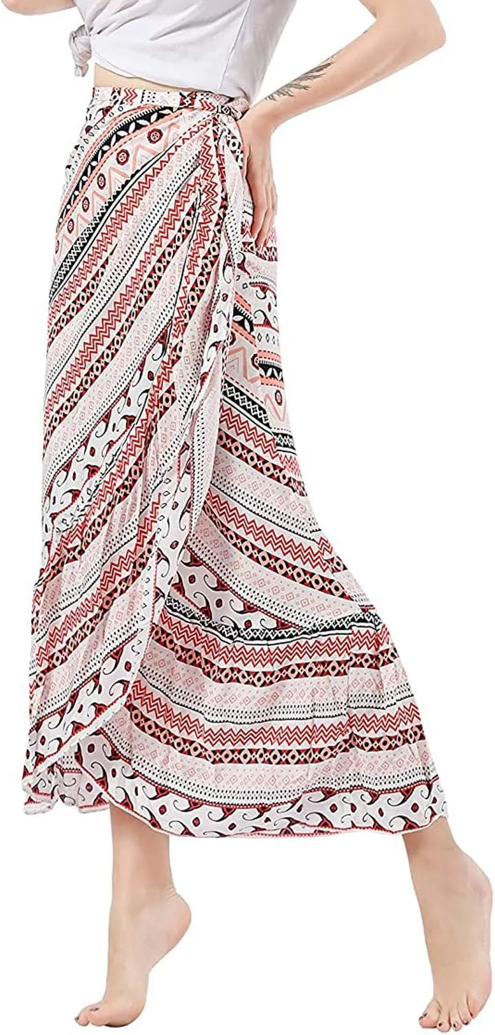 Women's High Waist Long Boho Print Skirt Gypsy Dress Bohemian Side Wrap Split Ruffled Asymmetric Hem Maxi Skirt,one size