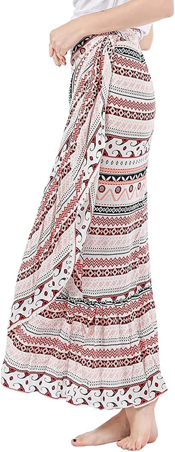Women's High Waist Long Boho Print Skirt Gypsy Dress Bohemian Side Wrap Split Ruffled Asymmetric Hem Maxi Skirt,one size