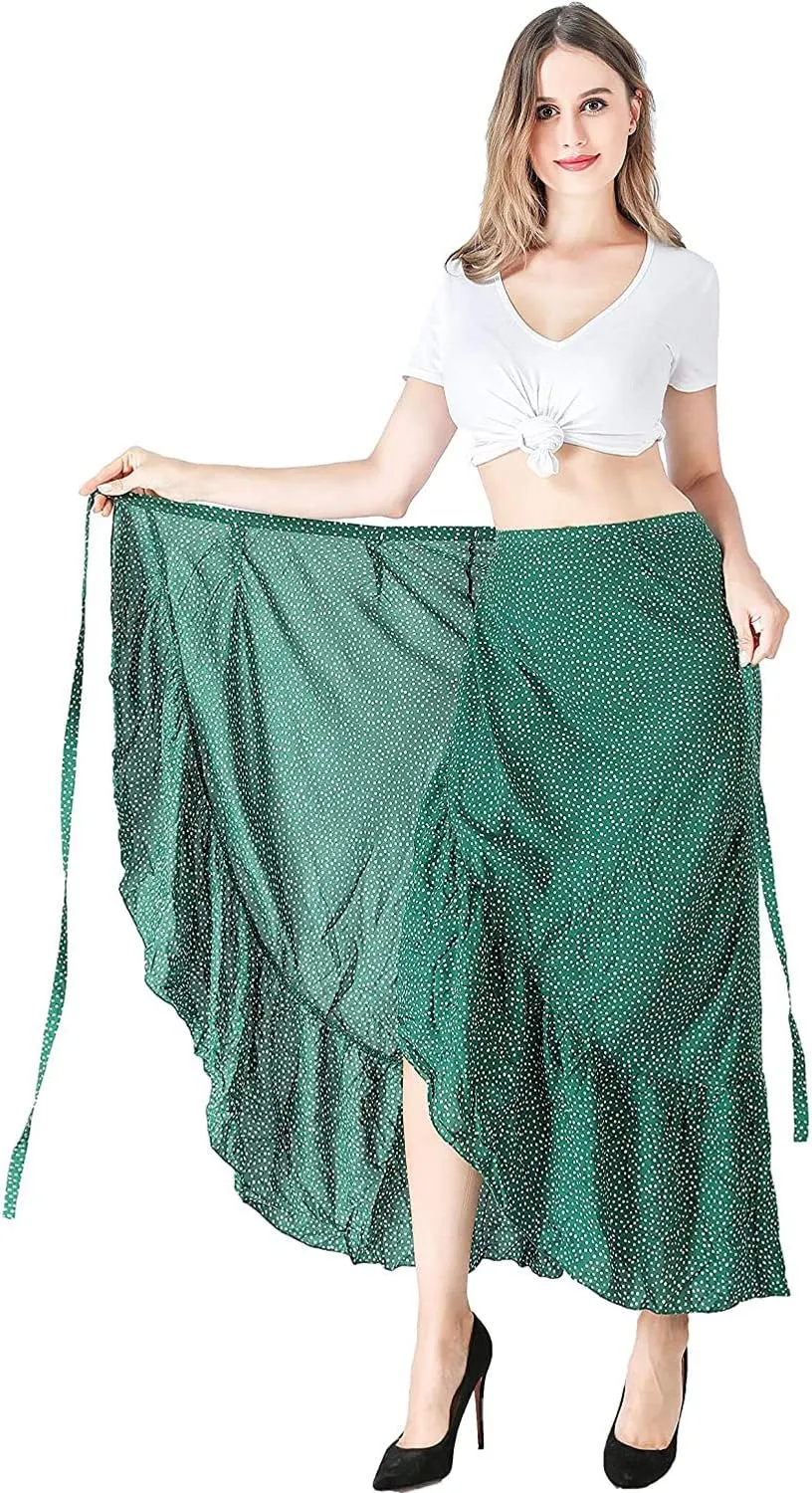 Women's High Waist Long Boho Print Skirt Gypsy Dress Bohemian Side Wrap Split Ruffled Asymmetric Hem Maxi Skirt,one size
