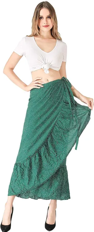 Women's High Waist Long Boho Print Skirt Gypsy Dress Bohemian Side Wrap Split Ruffled Asymmetric Hem Maxi Skirt,one size