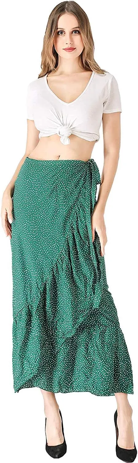 Women's High Waist Long Boho Print Skirt Gypsy Dress Bohemian Side Wrap Split Ruffled Asymmetric Hem Maxi Skirt,one size