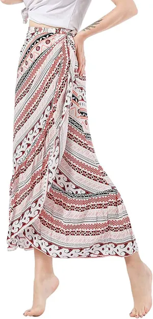 Women's High Waist Long Boho Print Skirt Gypsy Dress Bohemian Side Wrap Split Ruffled Asymmetric Hem Maxi Skirt,one size