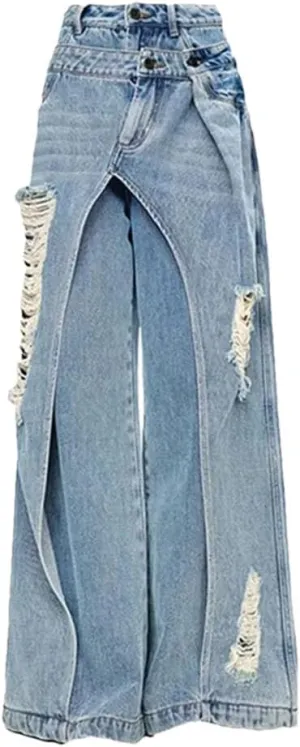 Women's High Waist Loose Wide Leg Jeans Patchwork Fake Two Pieces Denim Trousers