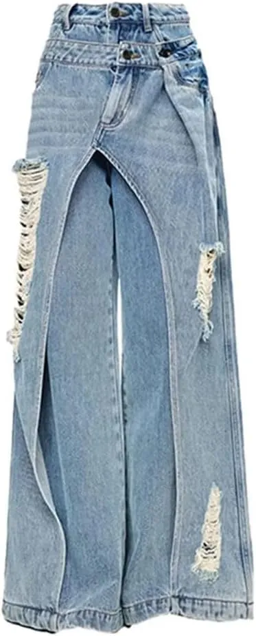 Women's High Waist Loose Wide Leg Jeans Patchwork Fake Two Pieces Denim Trousers