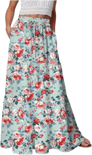 Womens High Waist Maxi Skirt Midi Swing Skirts Beach Vacation Cruise Outfits with Pockets