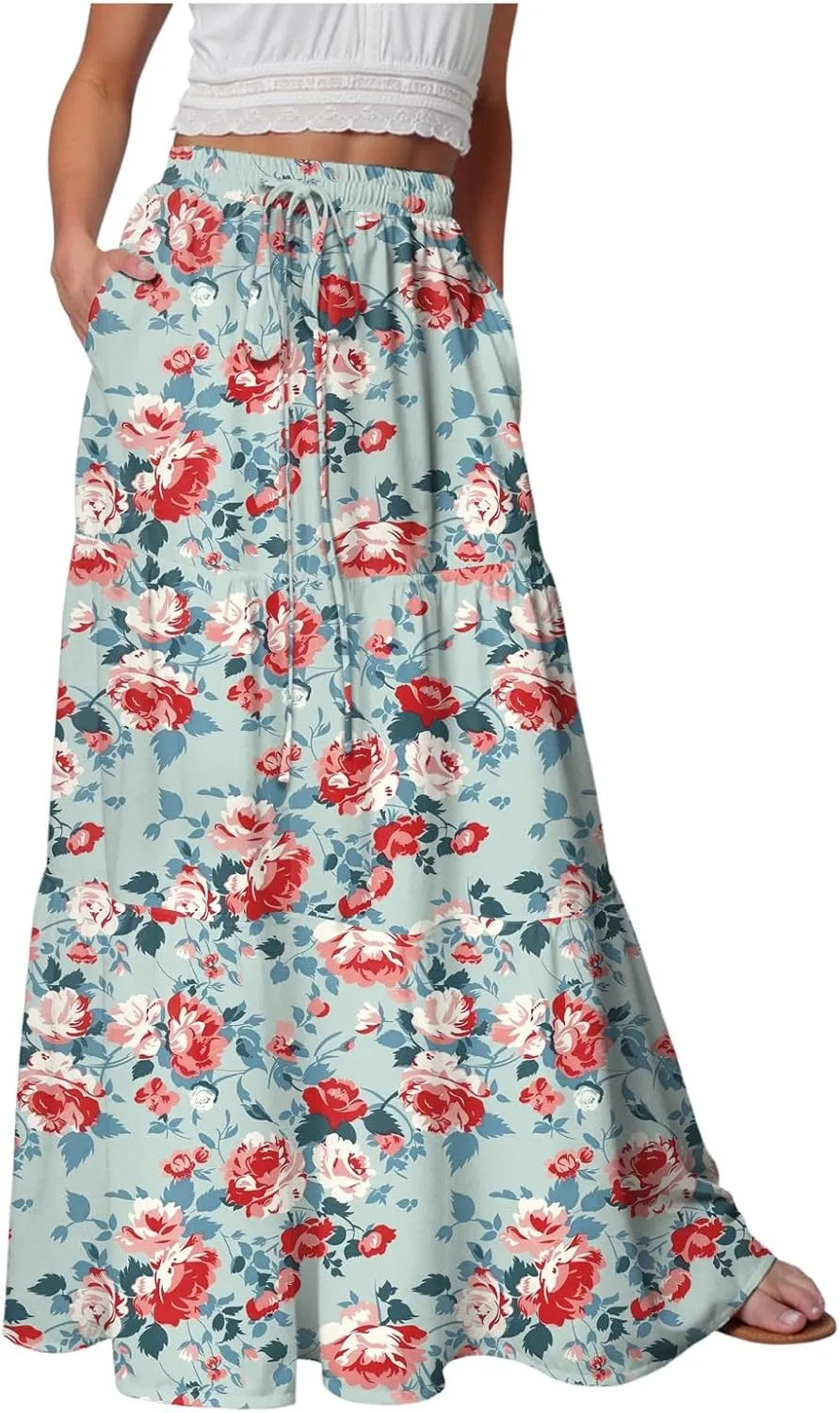 Womens High Waist Maxi Skirt Midi Swing Skirts Beach Vacation Cruise Outfits with Pockets