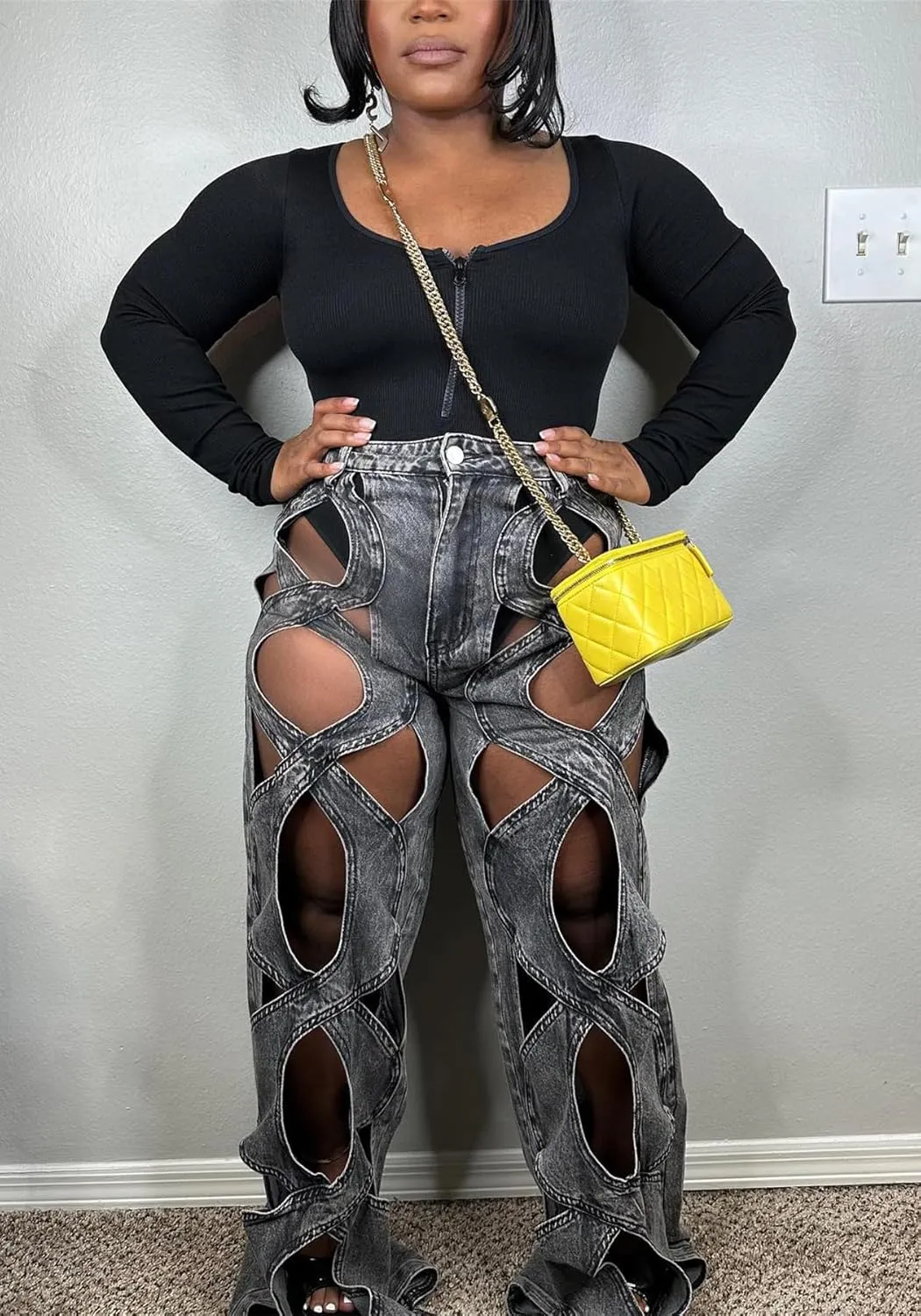 Womens High Waisted Jeans Y2K Trendy Hollow Out Criss Cross Wide Straight Leg Baggy Denim Pants