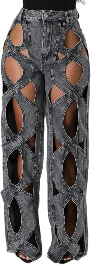 Womens High Waisted Jeans Y2K Trendy Hollow Out Criss Cross Wide Straight Leg Baggy Denim Pants