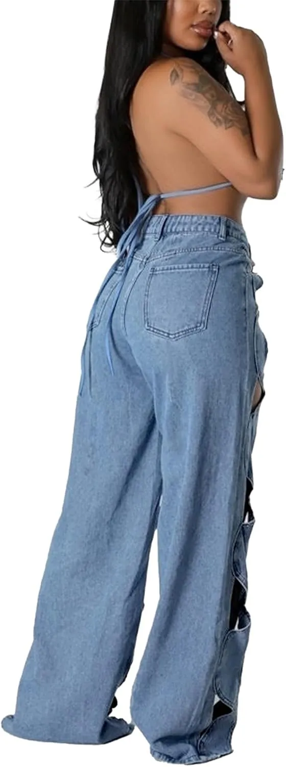 Womens High Waisted Jeans Y2K Trendy Hollow Out Criss Cross Wide Straight Leg Baggy Denim Pants