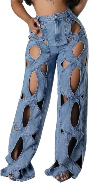 Womens High Waisted Jeans Y2K Trendy Hollow Out Criss Cross Wide Straight Leg Baggy Denim Pants