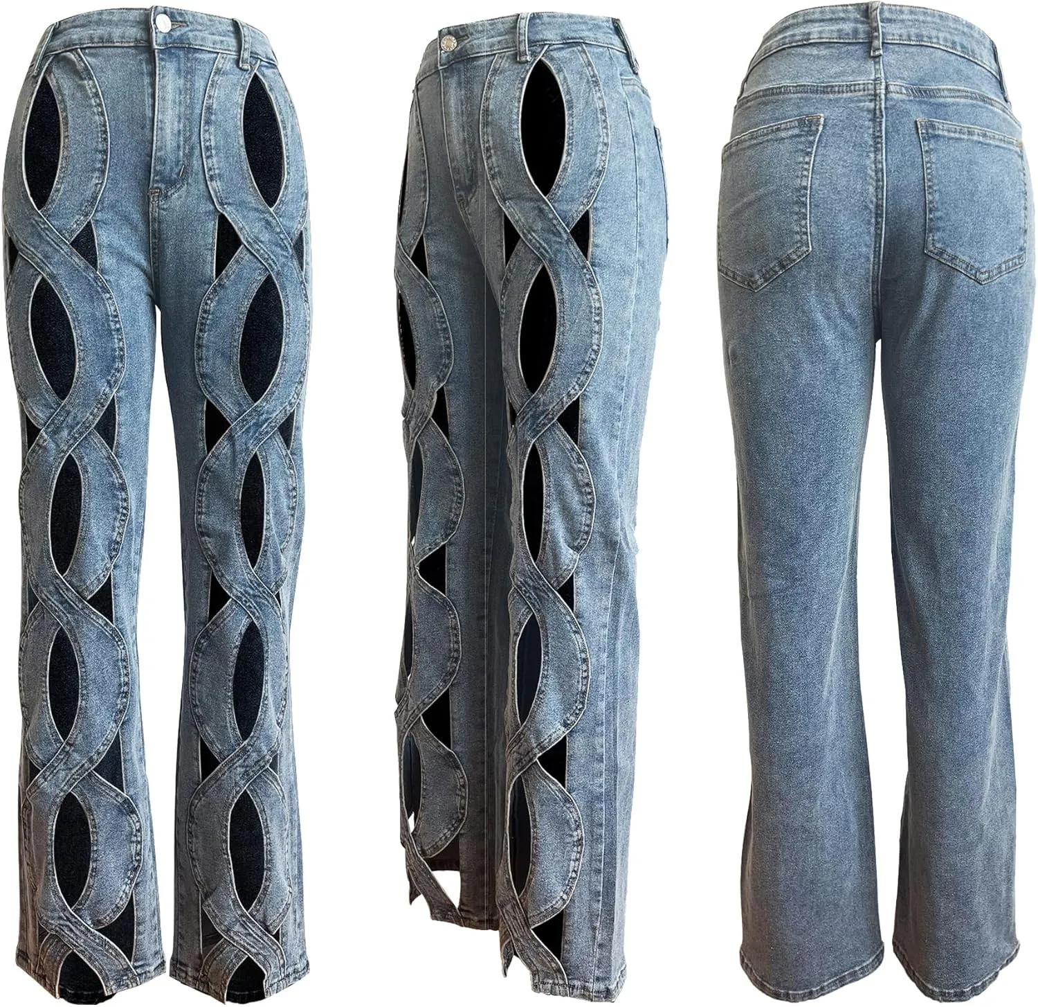 Womens High Waisted Jeans Y2K Trendy Hollow Out Criss Cross Wide Straight Leg Baggy Denim Pants