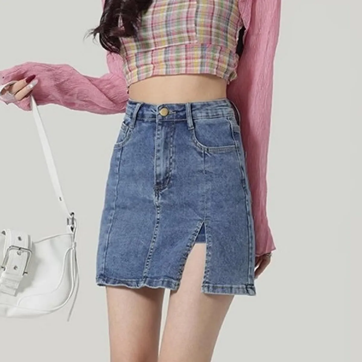 Women's High Waisted Slit Denim Short Skirts, Denim Skirt with Shorts Underneath, Jean Skirt High Waisted