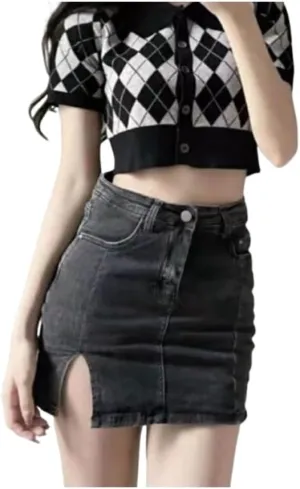 Women's High Waisted Slit Denim Short Skirts, Denim Skirt with Shorts Underneath, Jean Skirt High Waisted