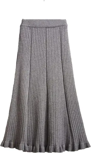 Women's Knit Pleated Skirt Midi A-Line Skirt Female Thick Elastic High Waist Long Skirts