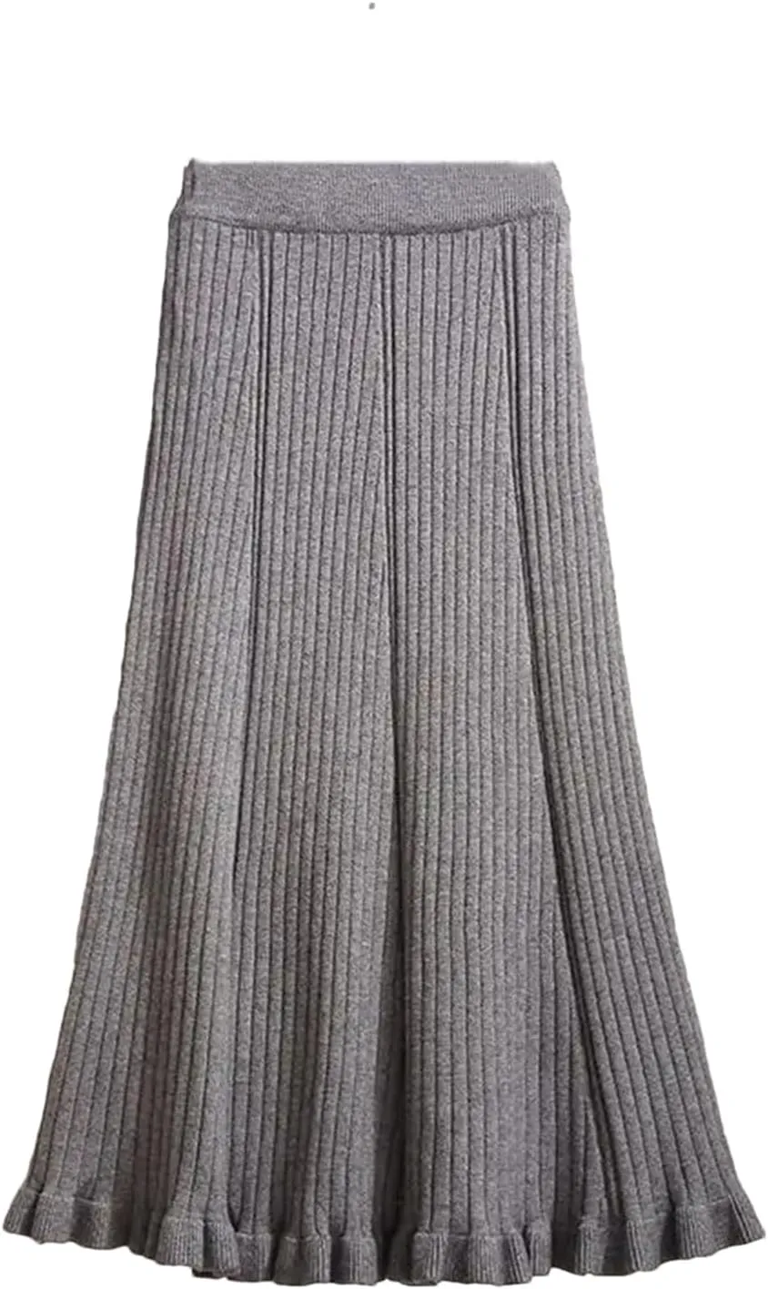 Women's Knit Pleated Skirt Midi A-Line Skirt Female Thick Elastic High Waist Long Skirts