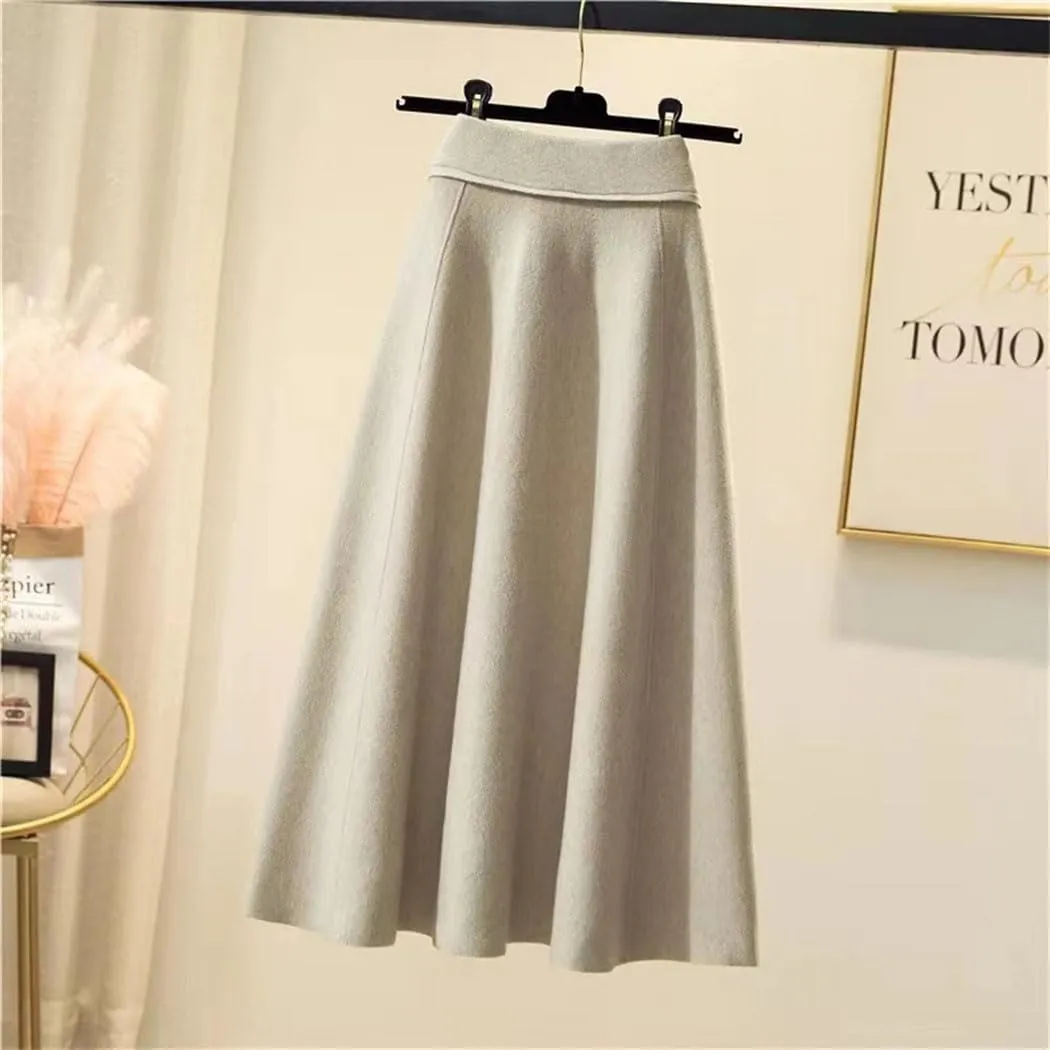 Women's Knitted Midi Skirts High Waist Pleated A Line Skirt Elegant Winter Lace Up Slim Casual Skirt