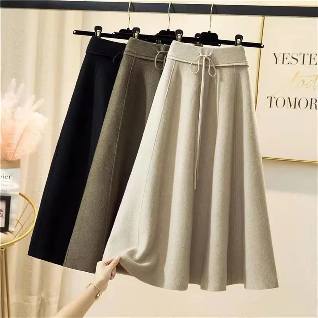 Women's Knitted Midi Skirts High Waist Pleated A Line Skirt Elegant Winter Lace Up Slim Casual Skirt