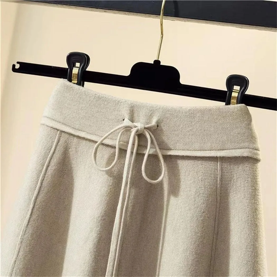 Women's Knitted Midi Skirts High Waist Pleated A Line Skirt Elegant Winter Lace Up Slim Casual Skirt