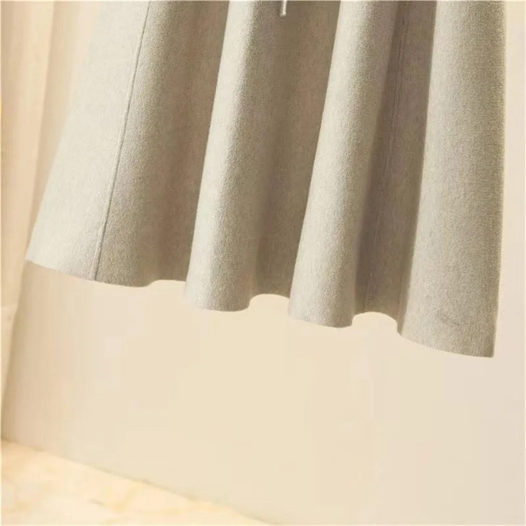 Women's Knitted Midi Skirts High Waist Pleated A Line Skirt Elegant Winter Lace Up Slim Casual Skirt