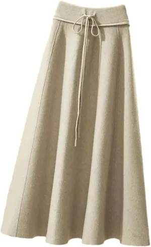Women's Knitted Midi Skirts High Waist Pleated A Line Skirt Elegant Winter Lace Up Slim Casual Skirt