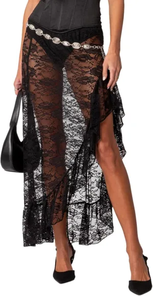 Women's Lace Long Skirts y2k High Waist Asymmetrical Hem Ruffle Maxi Skirt Vintage Flowy See-Through Skirts