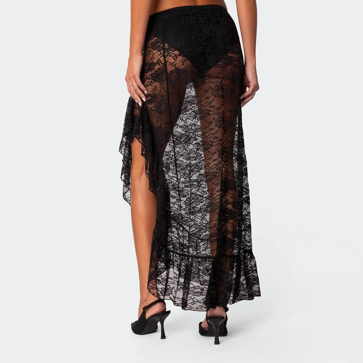 Women's Lace Long Skirts y2k High Waist Asymmetrical Hem Ruffle Maxi Skirt Vintage Flowy See-Through Skirts