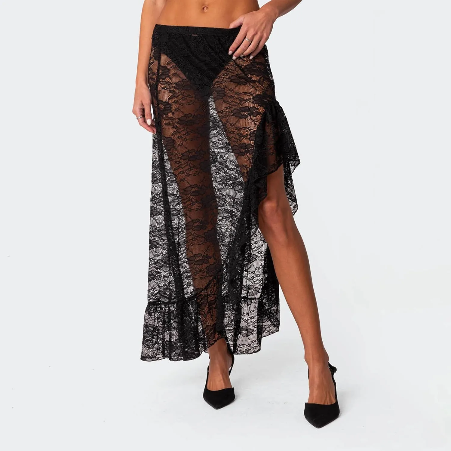 Women's Lace Long Skirts y2k High Waist Asymmetrical Hem Ruffle Maxi Skirt Vintage Flowy See-Through Skirts