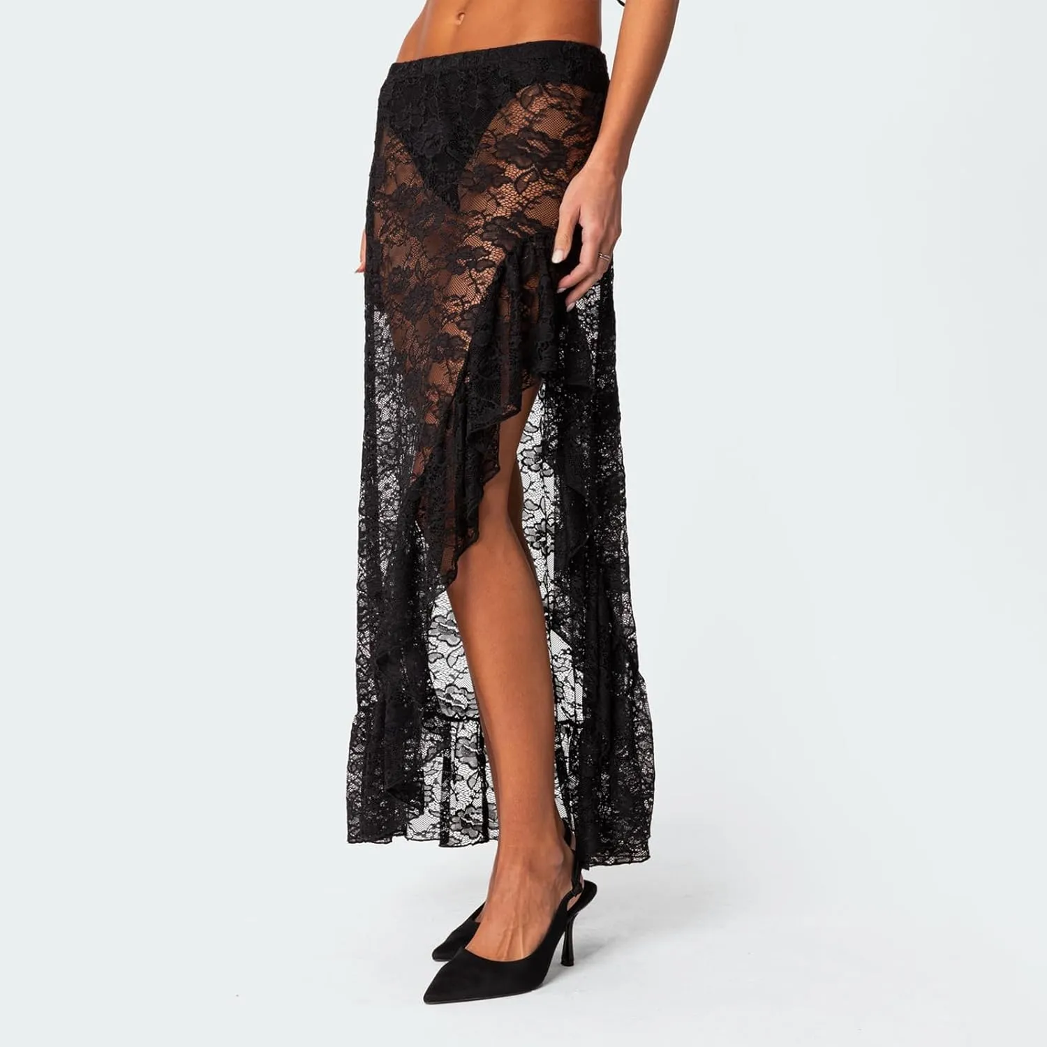 Women's Lace Long Skirts y2k High Waist Asymmetrical Hem Ruffle Maxi Skirt Vintage Flowy See-Through Skirts