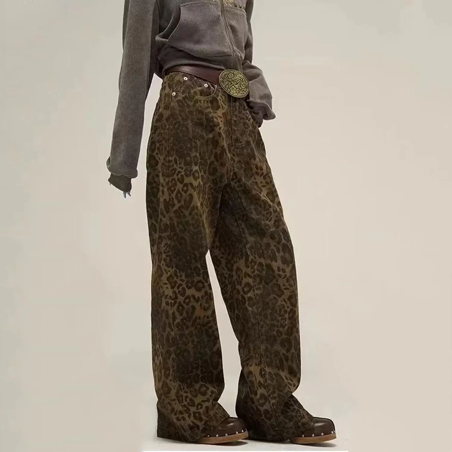 Women's Leopard Print Jeans High Waist Denim Pants Y2K Baggy Casual Streetwear Trousers