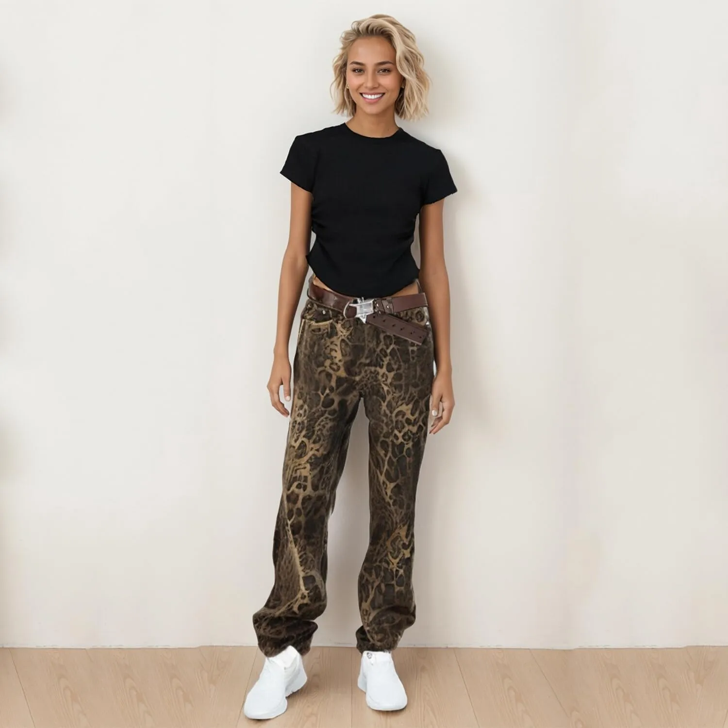 Women's Leopard Print Jeans High Waist Denim Pants Y2K Baggy Casual Streetwear Trousers