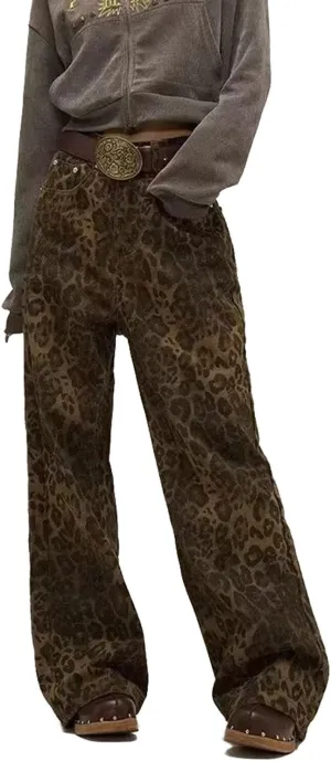 Women's Leopard Print Jeans High Waist Denim Pants Y2K Baggy Casual Streetwear Trousers