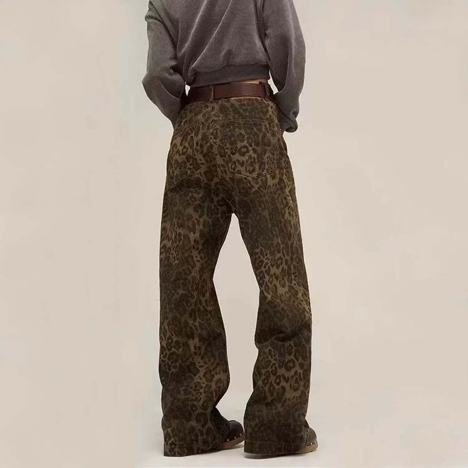 Women's Leopard Print Jeans High Waist Denim Pants Y2K Baggy Casual Streetwear Trousers