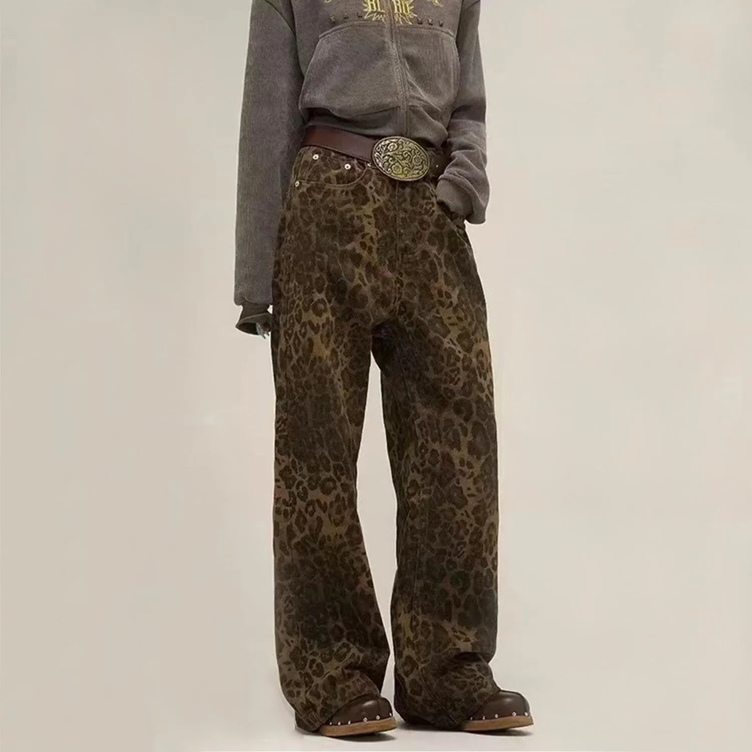 Women's Leopard Print Jeans High Waist Denim Pants Y2K Baggy Casual Streetwear Trousers