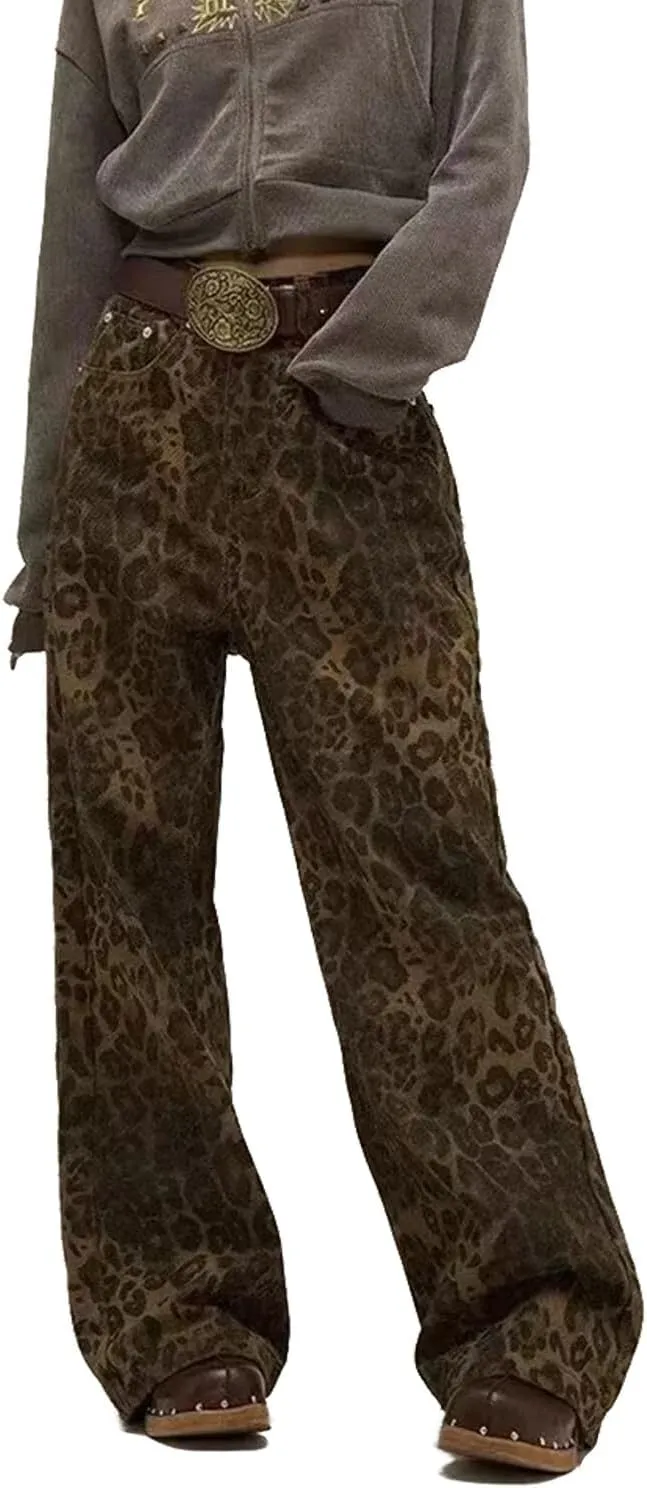 Women's Leopard Print Jeans High Waist Denim Pants Y2K Baggy Casual Streetwear Trousers