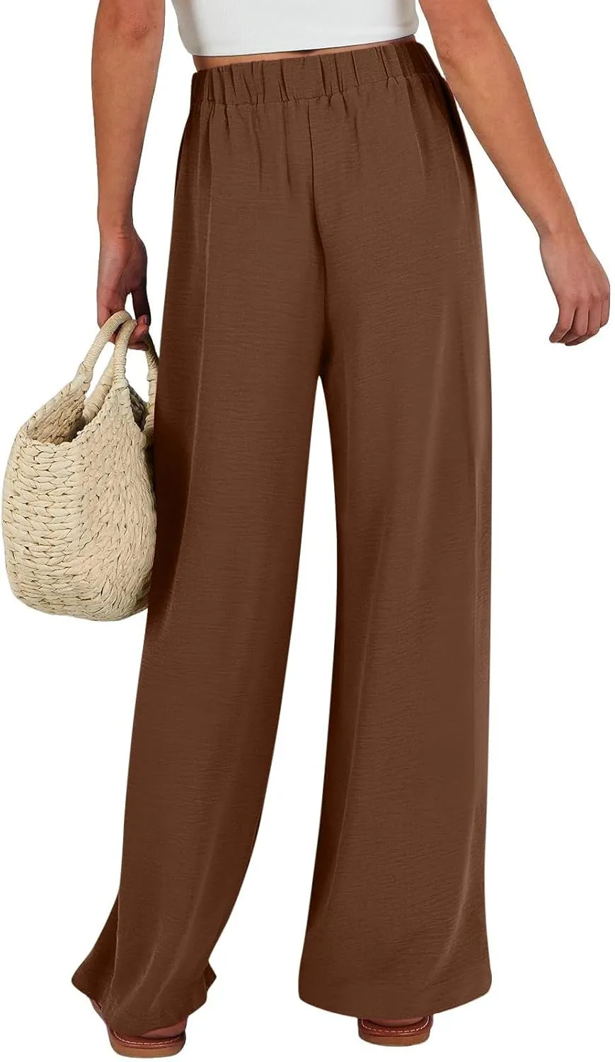 Women's Linen Palazzo Pants Summer Boho Loose Wide Leg High Elastic Waisted Lounge Casual Beach Clothes with Pockets