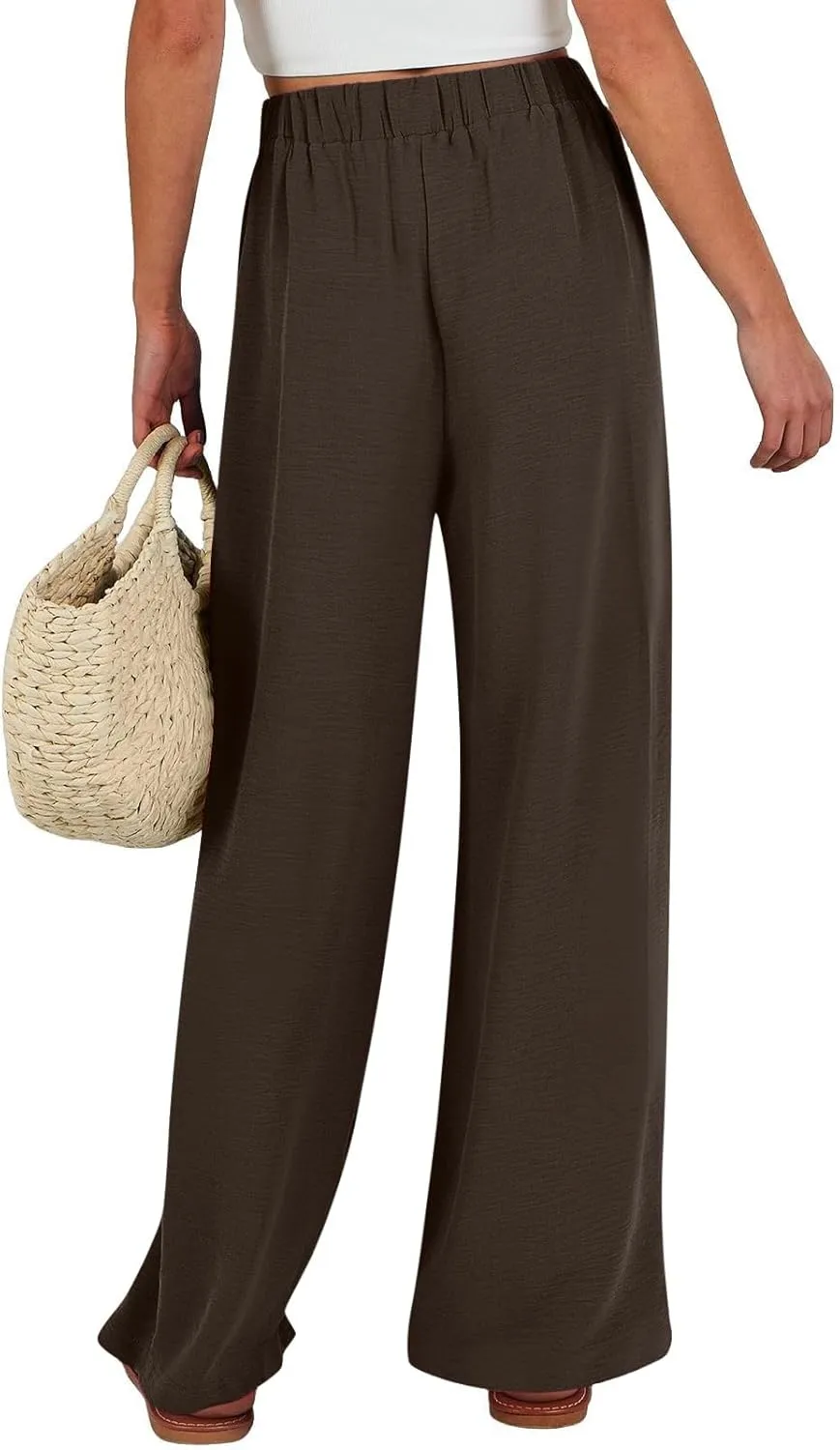 Women's Linen Palazzo Pants Summer Boho Loose Wide Leg High Elastic Waisted Lounge Casual Beach Clothes with Pockets