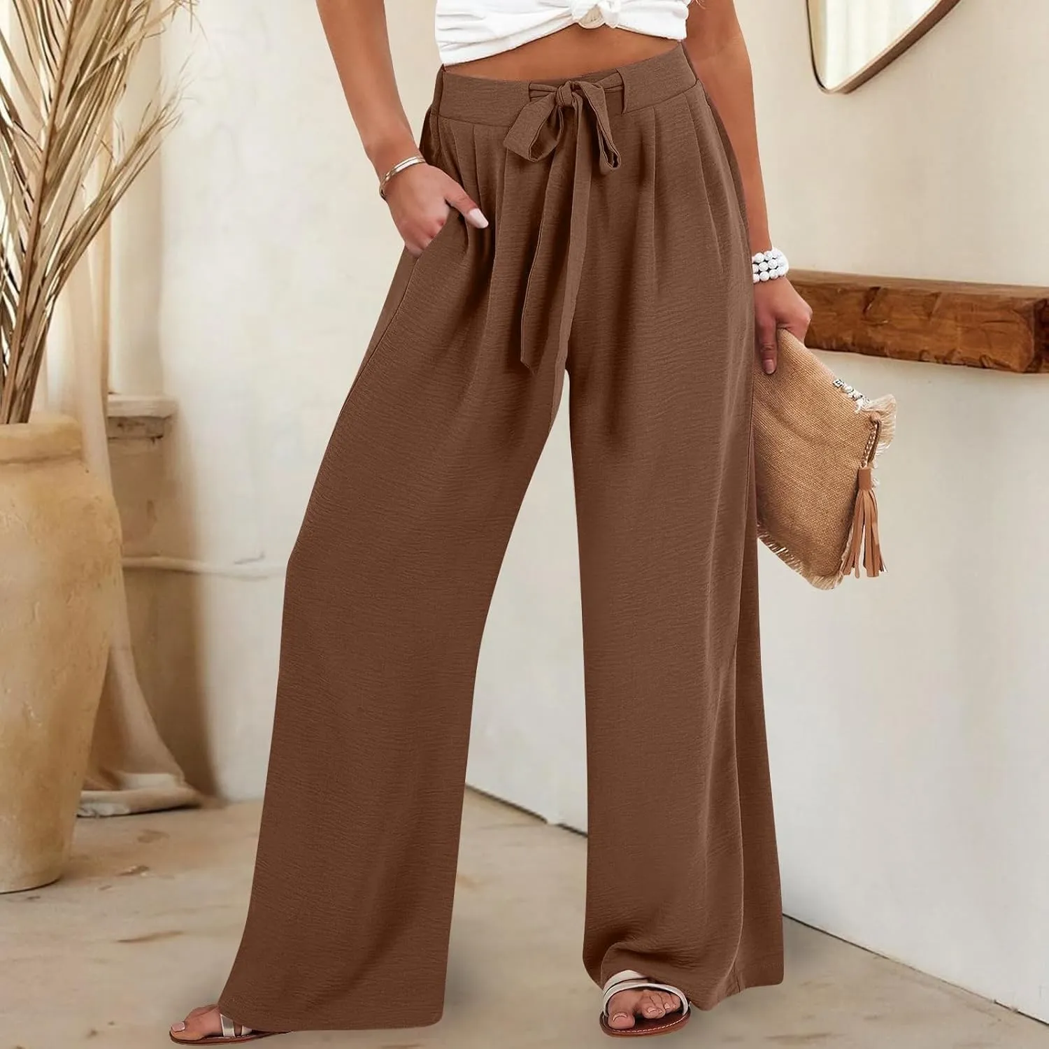 Women's Linen Palazzo Pants Summer Boho Loose Wide Leg High Elastic Waisted Lounge Casual Beach Clothes with Pockets