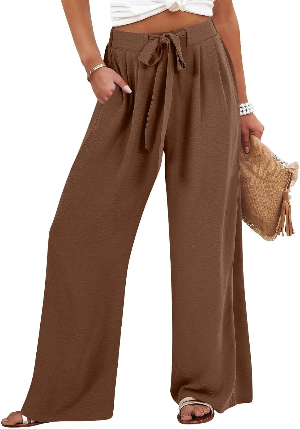 Women's Linen Palazzo Pants Summer Boho Loose Wide Leg High Elastic Waisted Lounge Casual Beach Clothes with Pockets