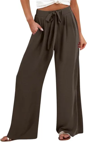 Women's Linen Palazzo Pants Summer Boho Loose Wide Leg High Elastic Waisted Lounge Casual Beach Clothes with Pockets