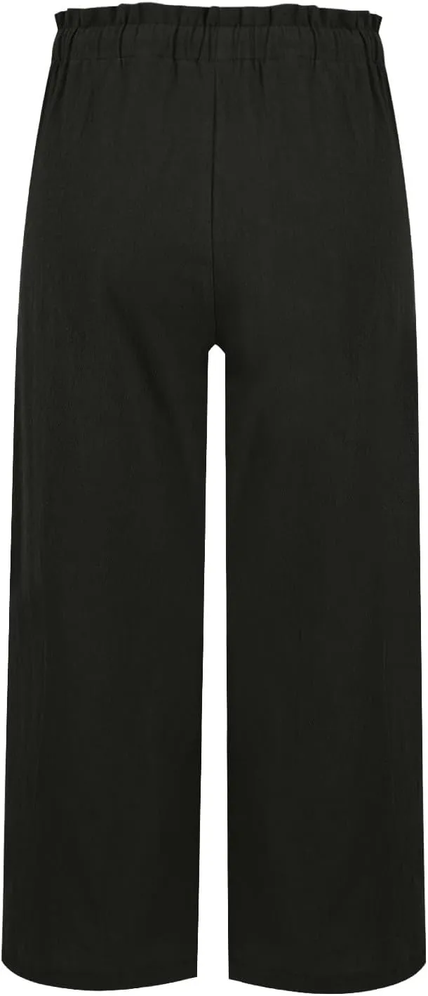 Womens Linen Pants 2025 Drawstring Elastic Waist Wide Leg Cropped Lounge Trousers Summer Beach Pant Outfits
