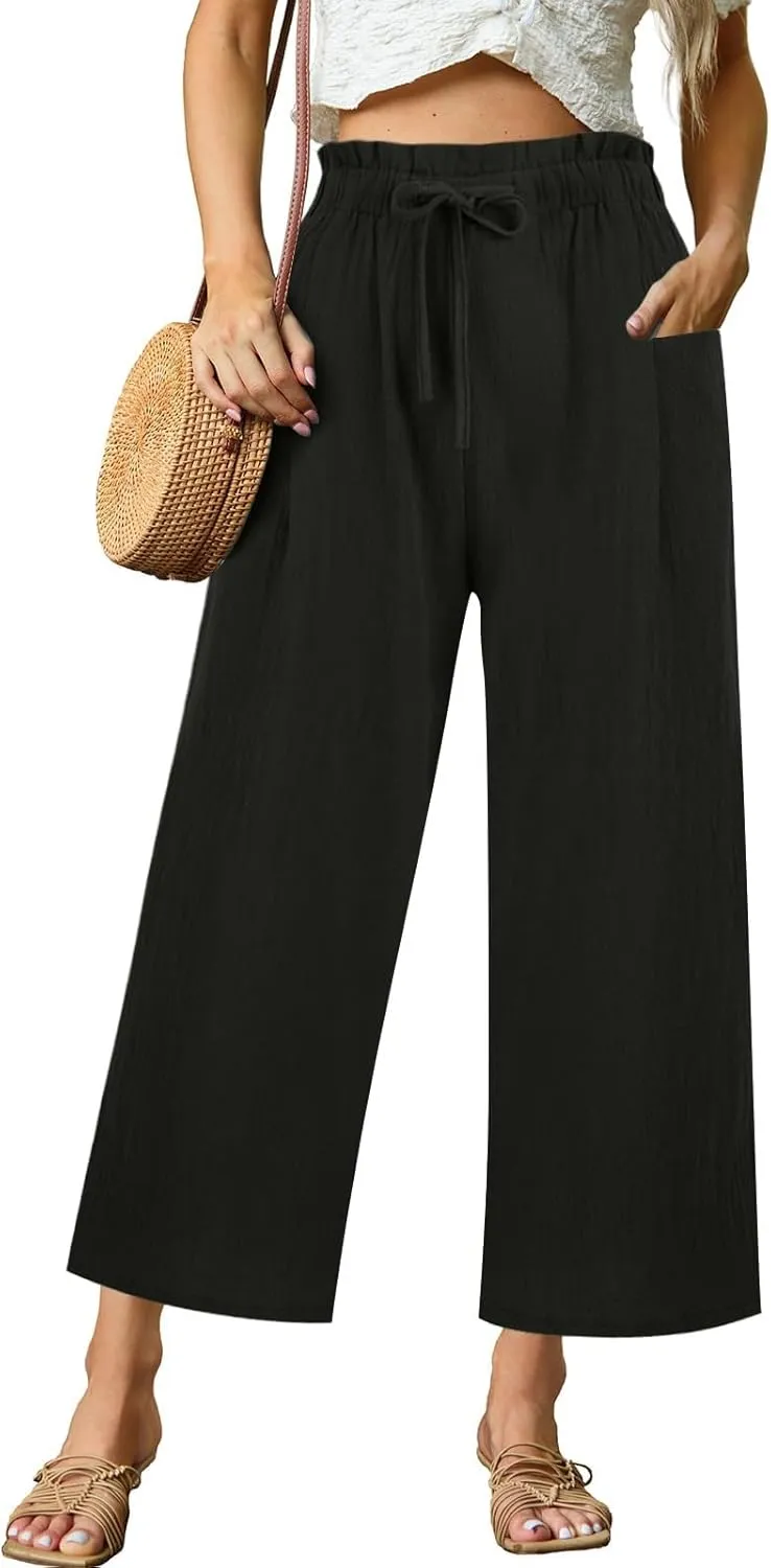 Womens Linen Pants 2025 Drawstring Elastic Waist Wide Leg Cropped Lounge Trousers Summer Beach Pant Outfits