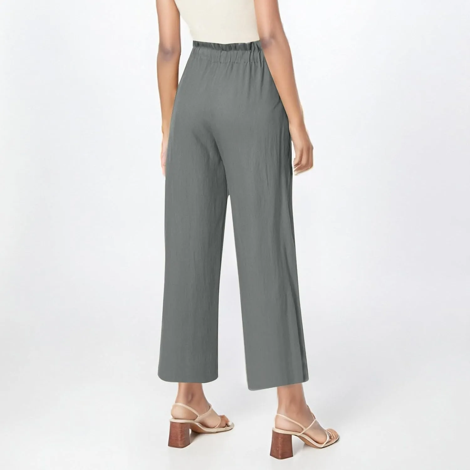 Womens Linen Pants 2025 Drawstring Elastic Waist Wide Leg Cropped Lounge Trousers Summer Beach Pant Outfits
