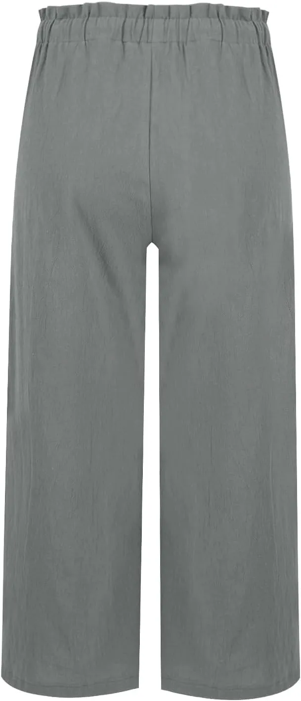 Womens Linen Pants 2025 Drawstring Elastic Waist Wide Leg Cropped Lounge Trousers Summer Beach Pant Outfits