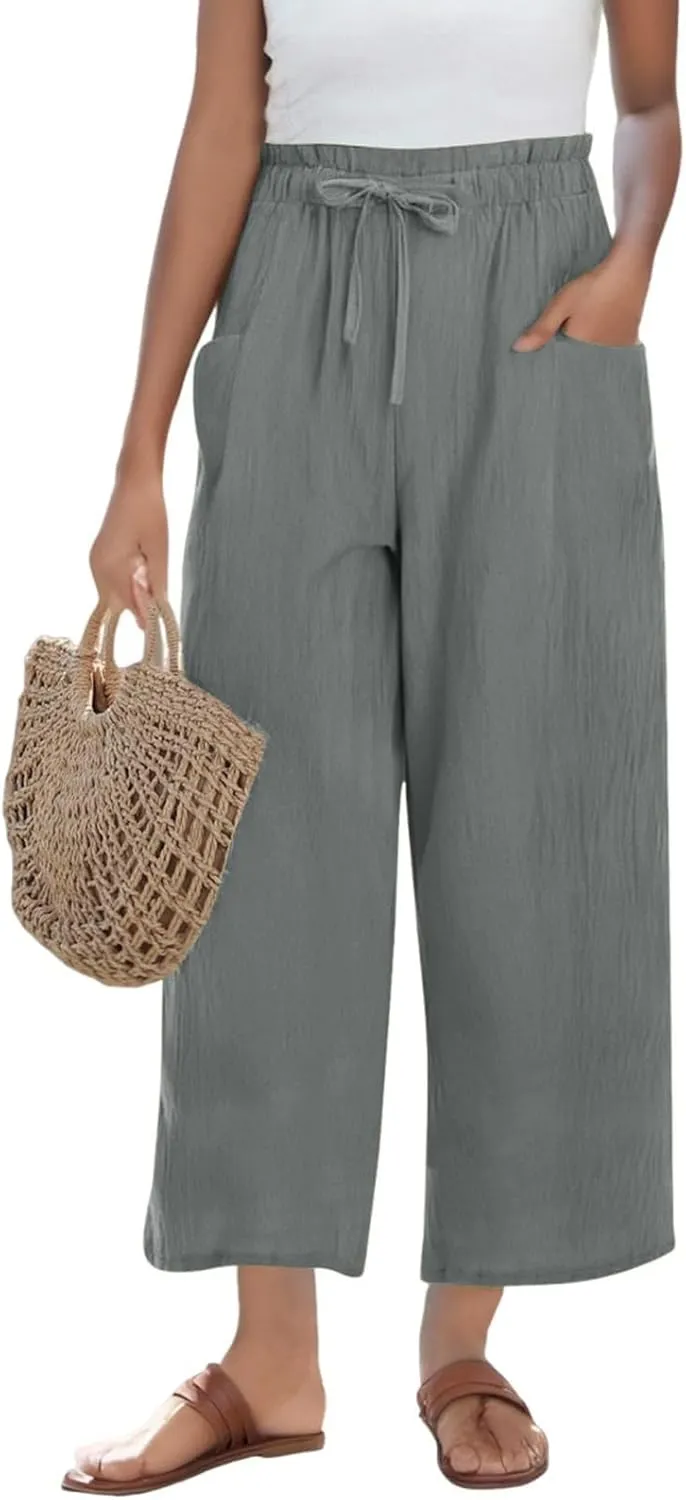Womens Linen Pants 2025 Drawstring Elastic Waist Wide Leg Cropped Lounge Trousers Summer Beach Pant Outfits